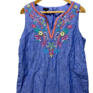Talbots Sleeveless Chambray Embroidered V Neck Linen Blend Dress Blue Size 14